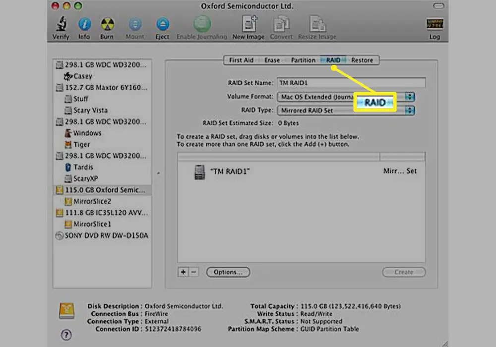 RAID-fliken markerad i Mac Disk Utility