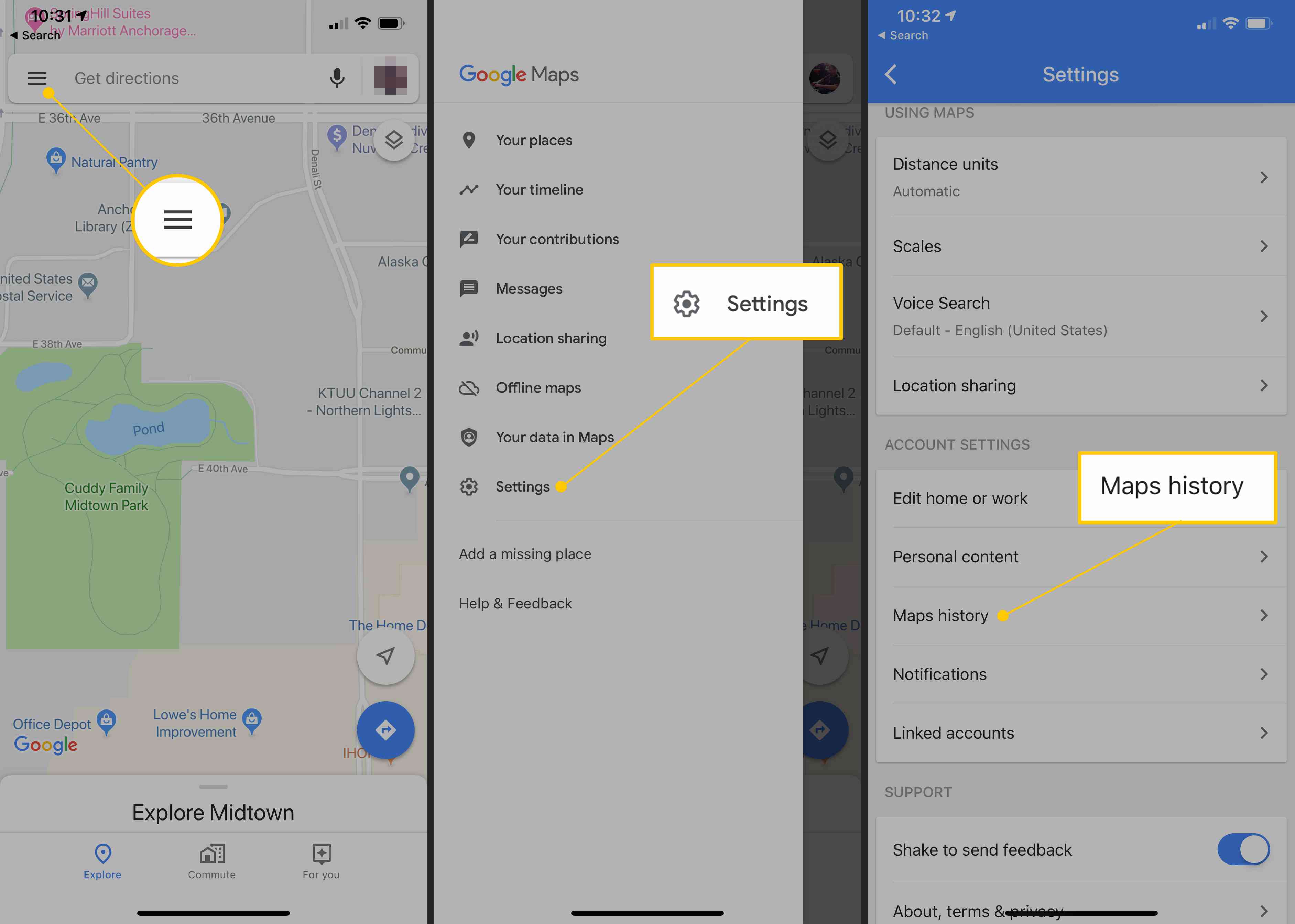 Meny, Inställningsikon, Karthistorik-knapp i iOS Google Maps