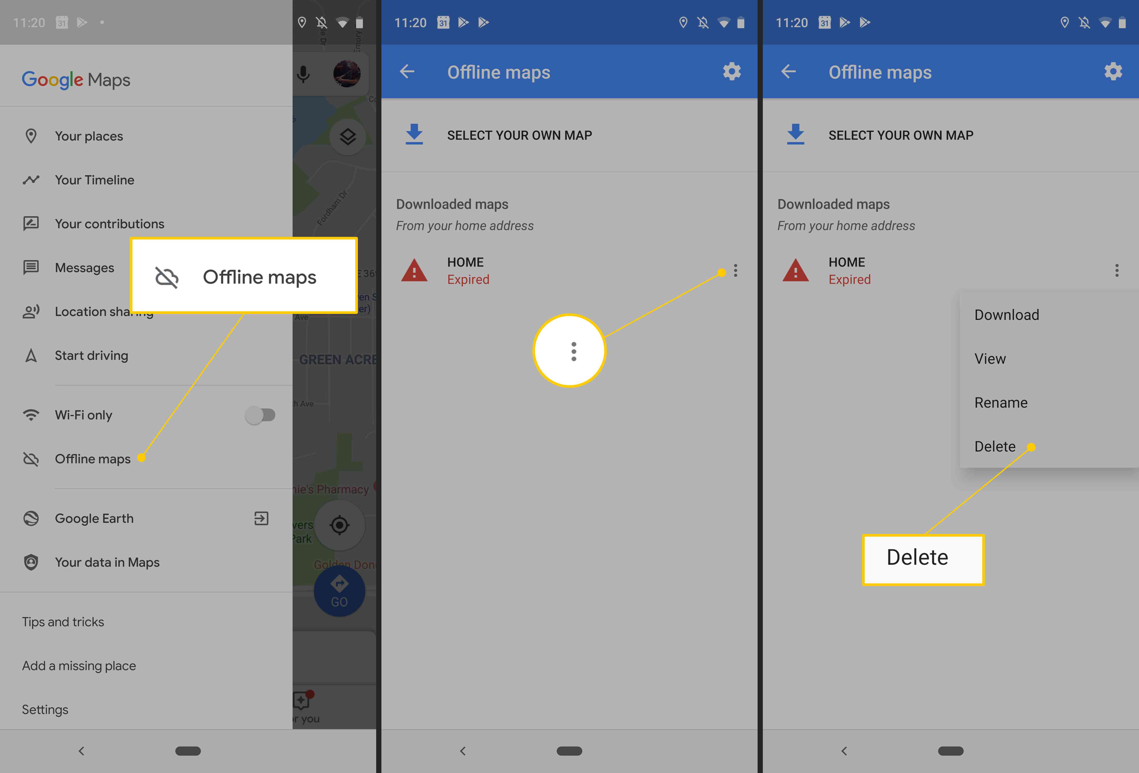 Raderingsprocess för offline kartor på Android