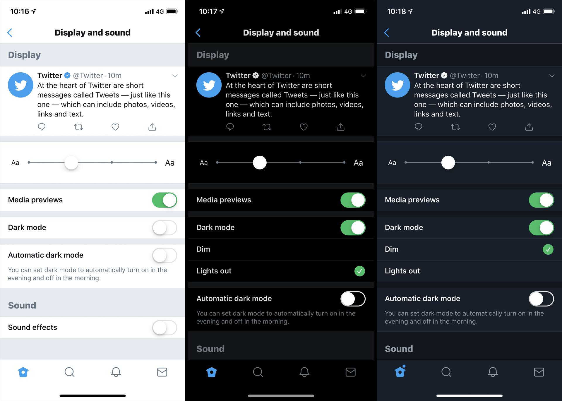 Slå på Twitter mörkt mer eller nattläge i Twitter iOS-appen.