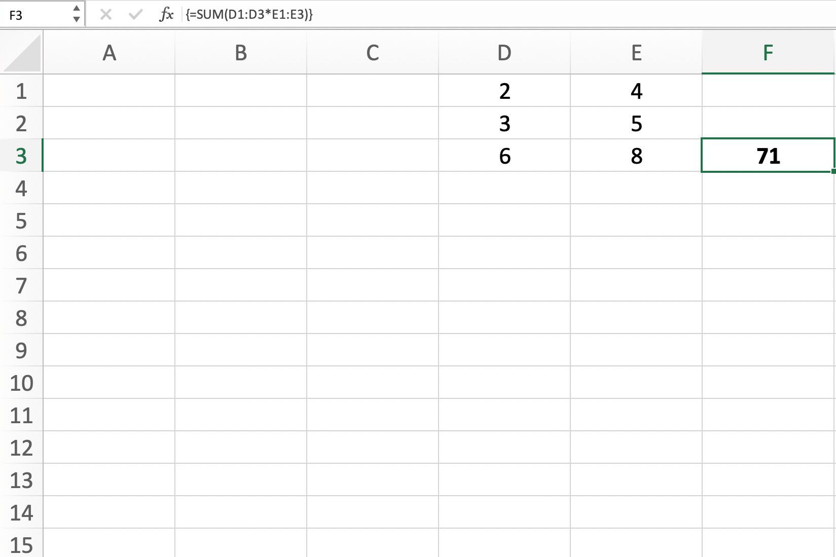 Skärmdump av Excel som visar hur man skapar en enkel formel med en enda cellmatris