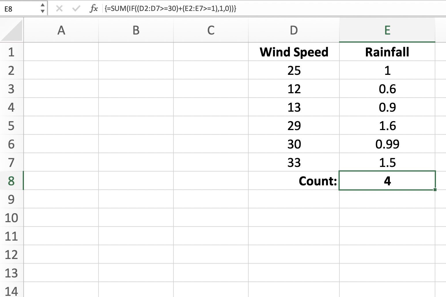 Skärmdump av Excel som visar hur man räknar celler