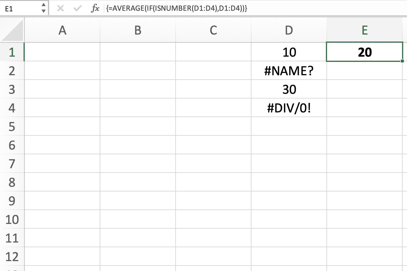 Skärmdump av Excel som visar hur man ignorerar felvärden
