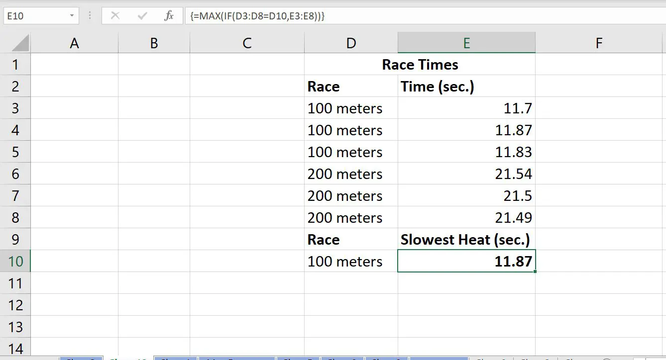 En skärmdump av Excels MAX-arrayfunktion som visar den långsammaste tiden (i sekunder) bland flera loppstider.