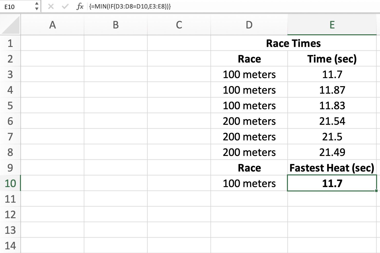 Skärmdump av Excel som visar hur man hittar det minsta antalet