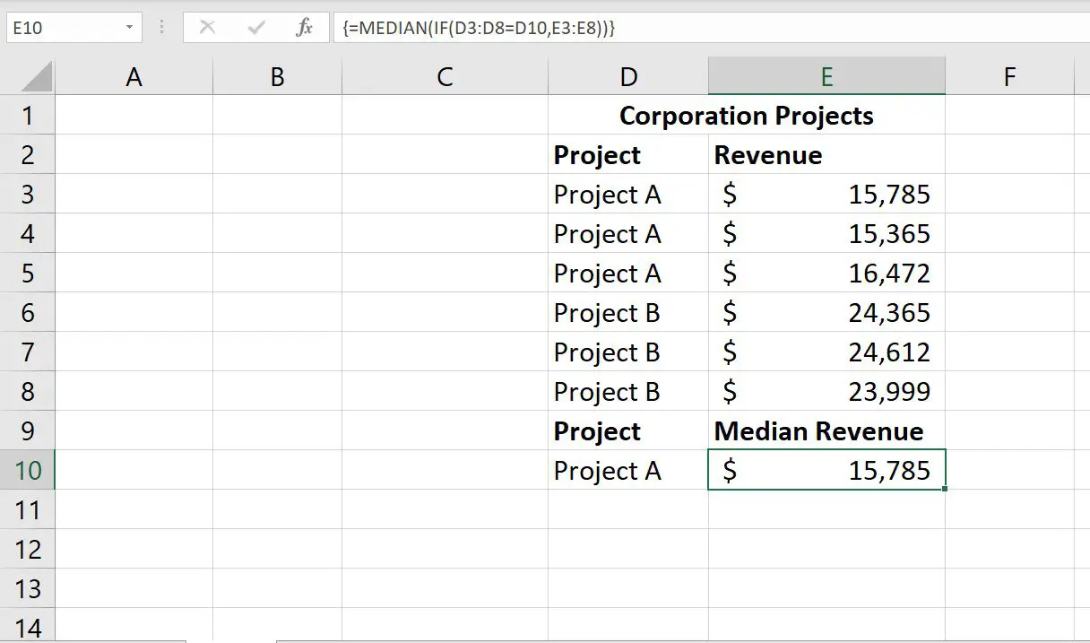 En skärmdump av Excels MEDIAN-matrisformel som visar medianintäkterna bland flera projekt.