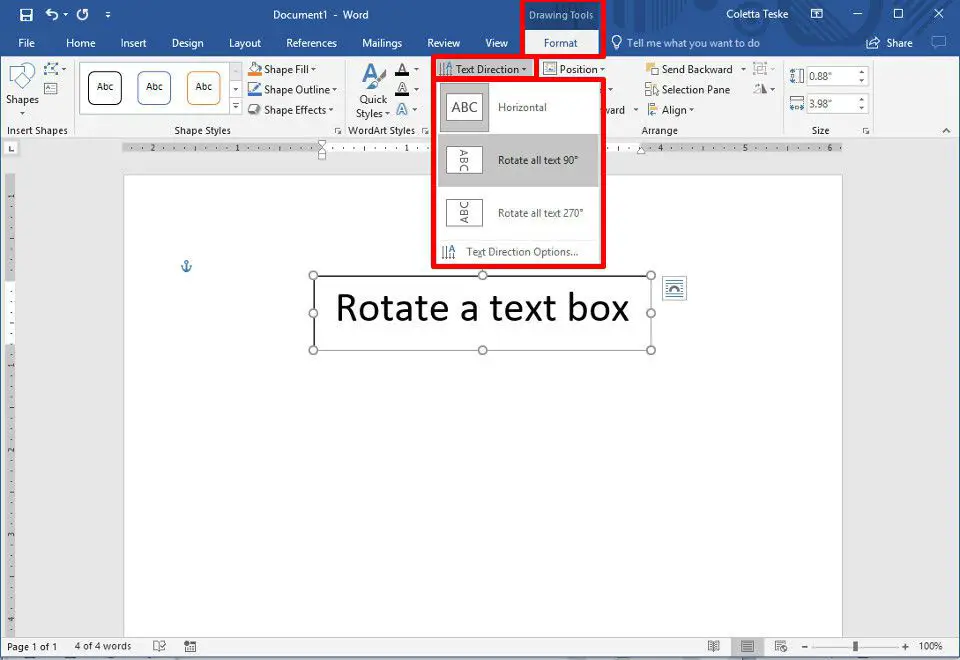 En skärmdump som visar alternativen för att rotera textriktning i en textruta
