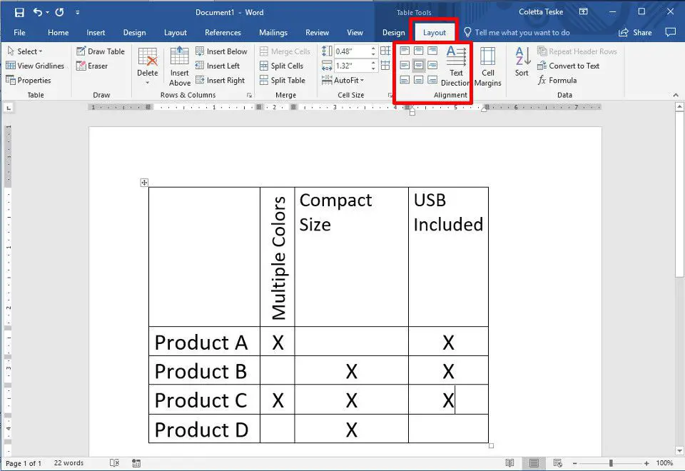 En skärmdump som visar alternativen för att ändra textriktning i en tabell