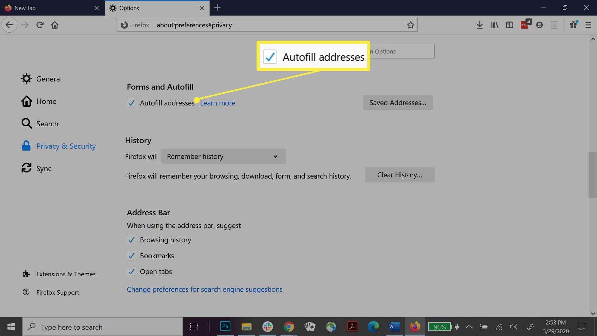 Firefox aktiverar sparade adresser.
