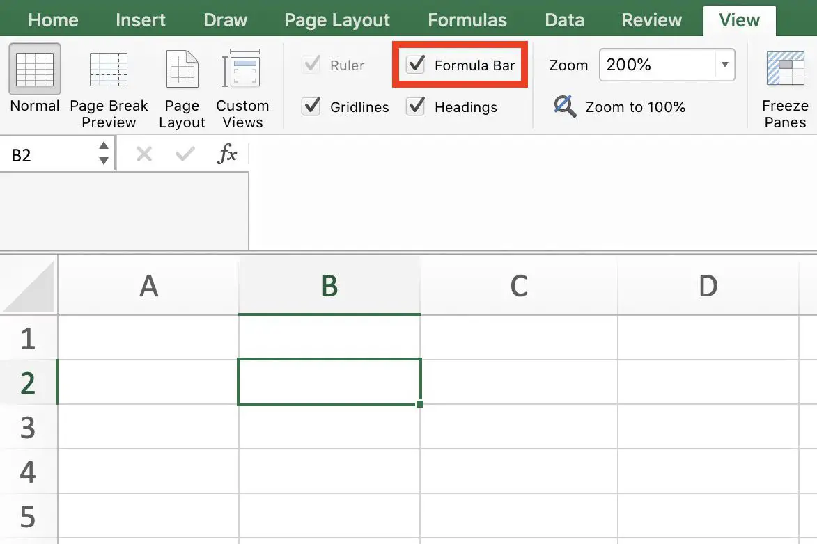 Skärmdump av Excel som visar hur man döljer formelfältet