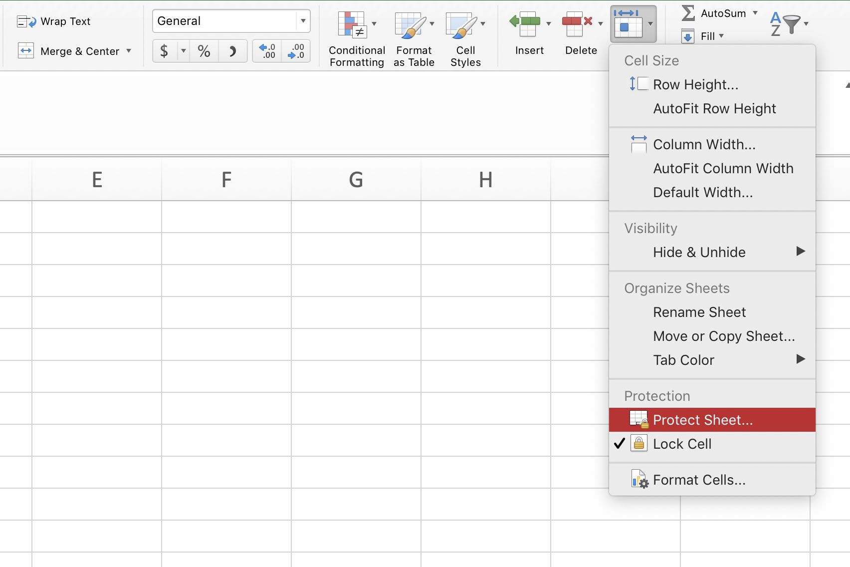 Skärmdump av Excel som visar menyn Format Cell