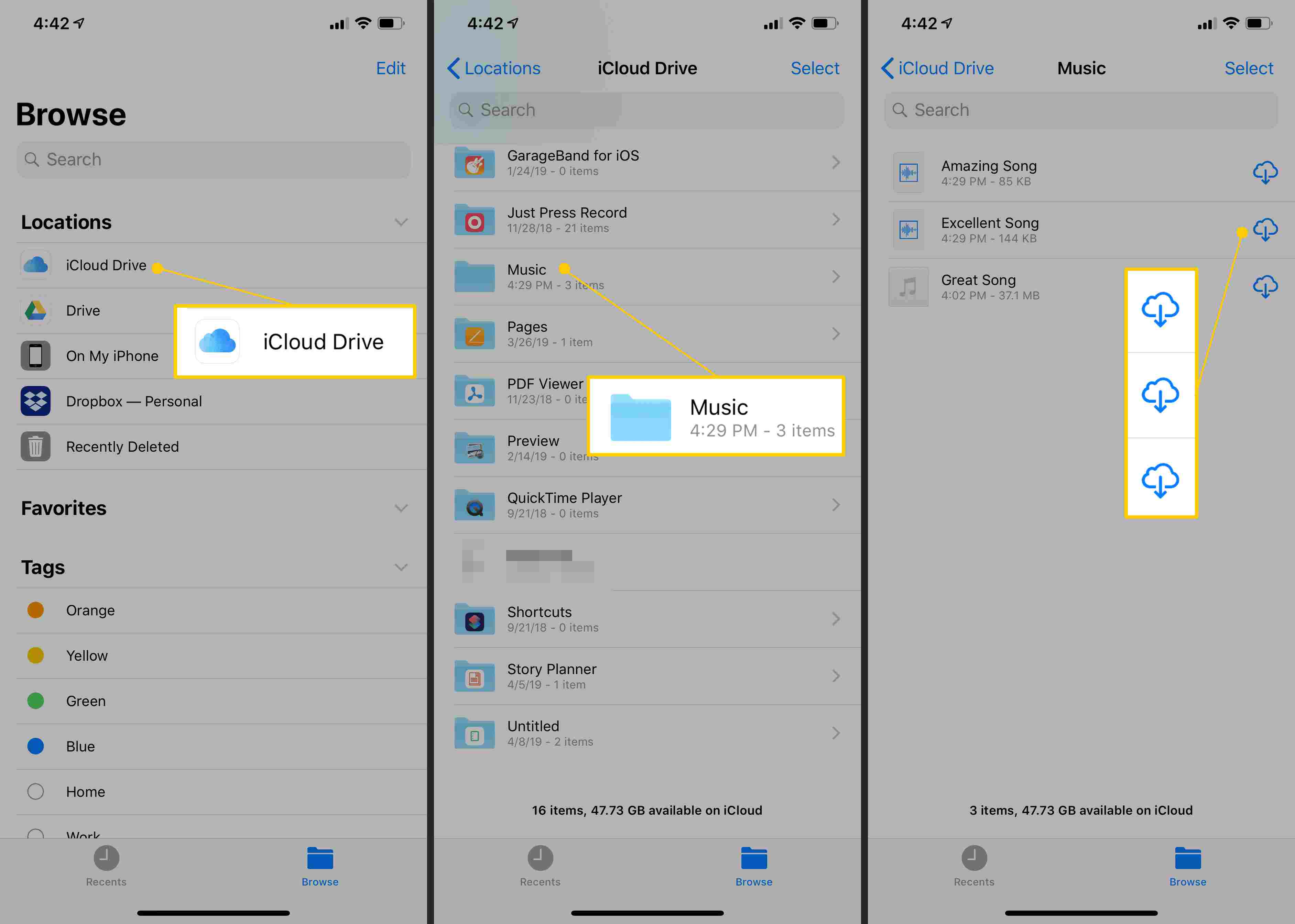 iCloud Drive, musikmapp, nedladdningsikoner på iOS