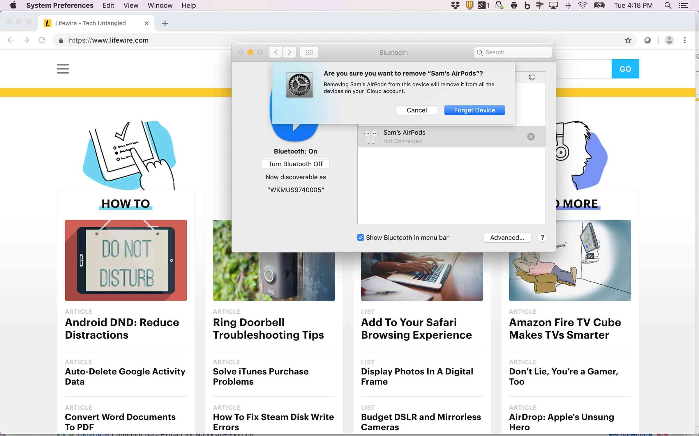 Skärmdump för att ta bort AirPods från Bluetooth-inställningar på Mac