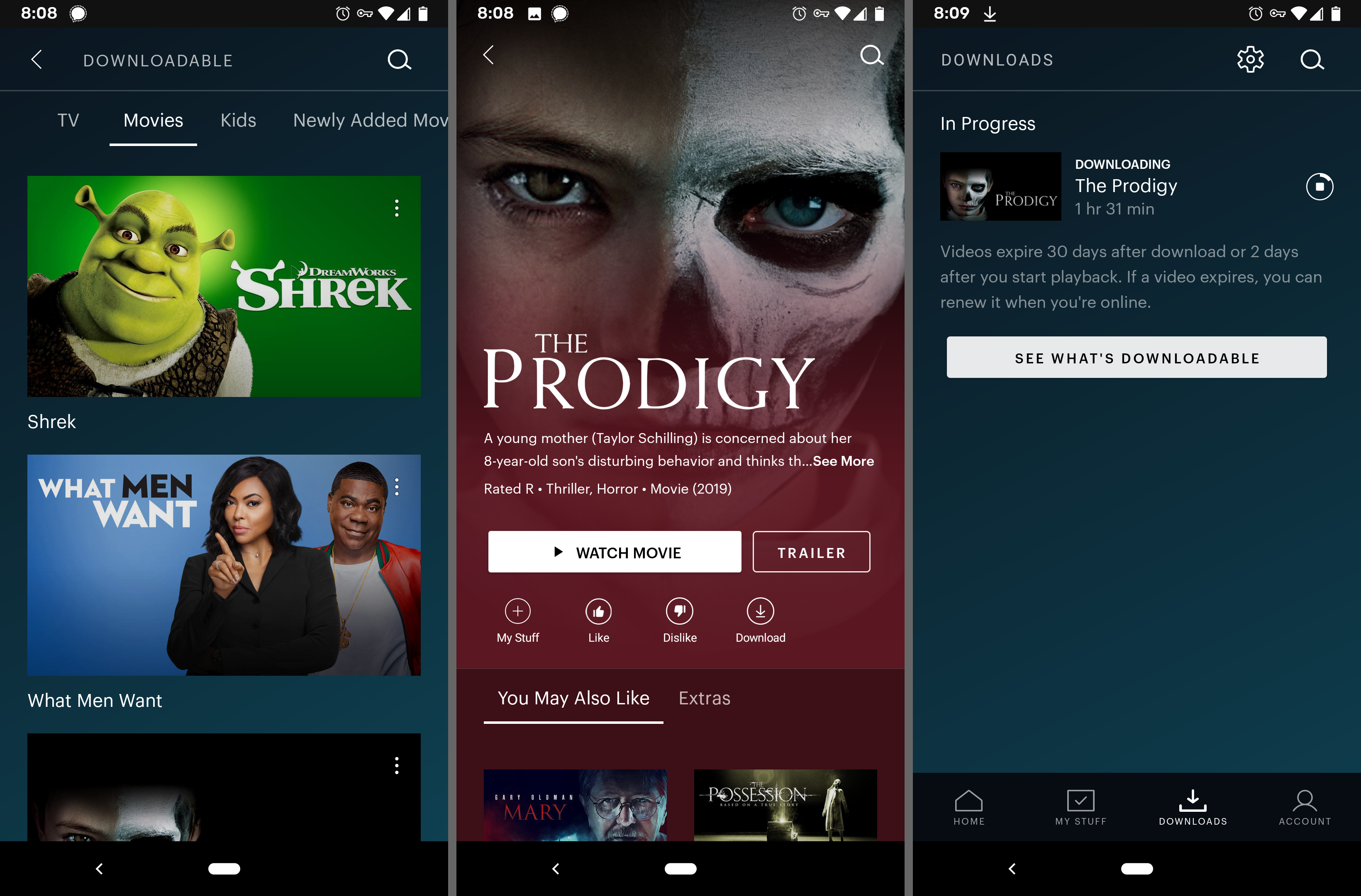 Hulu-app laddar ner en film på Android