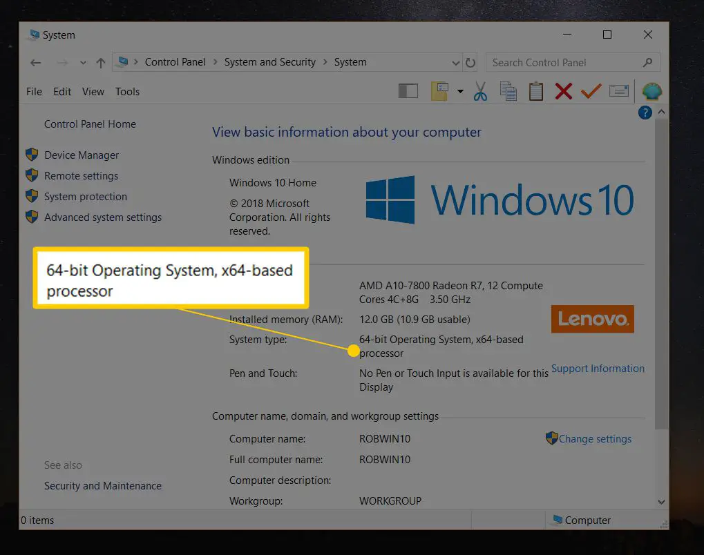 64-bitars operativsystemnot i systemfönstret på system- och säkerhetspanelen i Windows 10-kontrollpanelen
