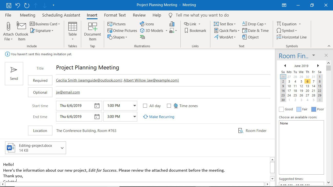 En ny mötesinbjudan i Outlook med en bifogad fil
