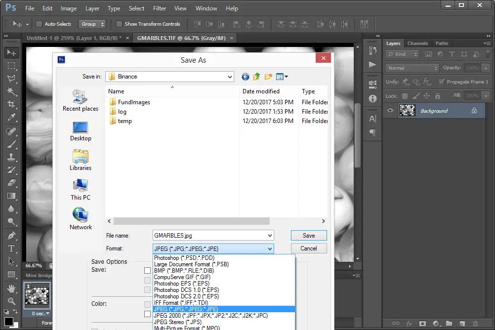Skärmdump som visar hur man konverterar TIF till JPG med Photoshop