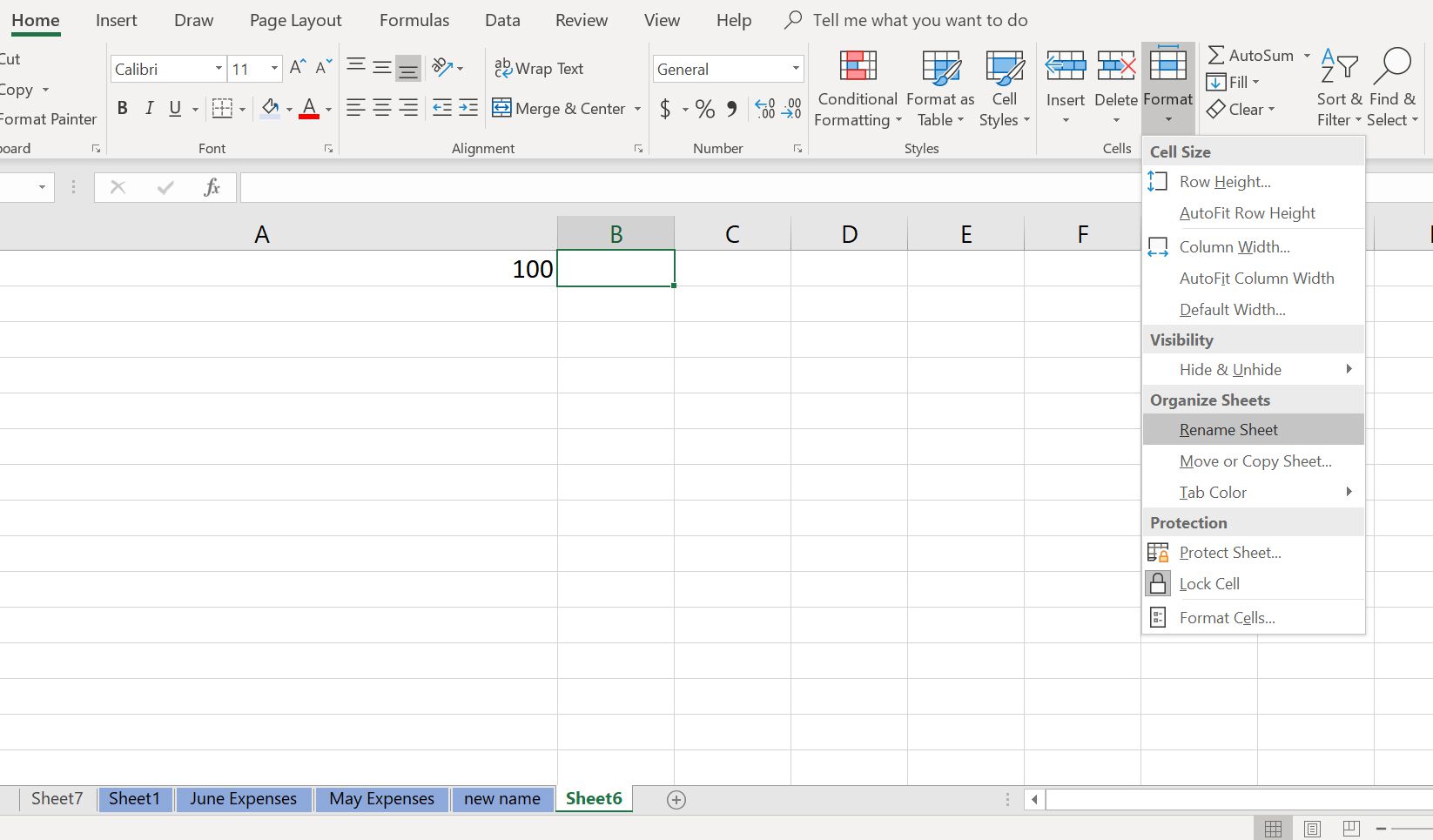 Excel-meny där användare kan byta namn på ark