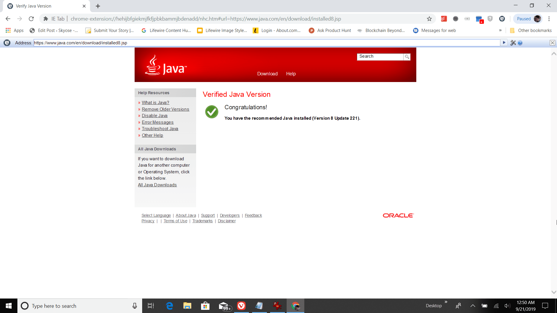 Skärmdump av ett framgångsrikt Java-versionstest