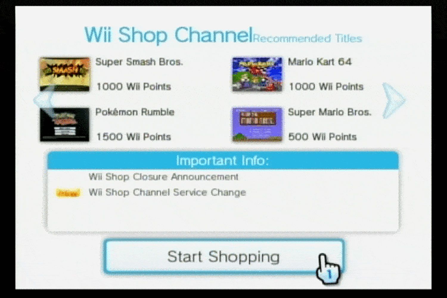 Knappen "Starta shopping" i Wii Shop Channel