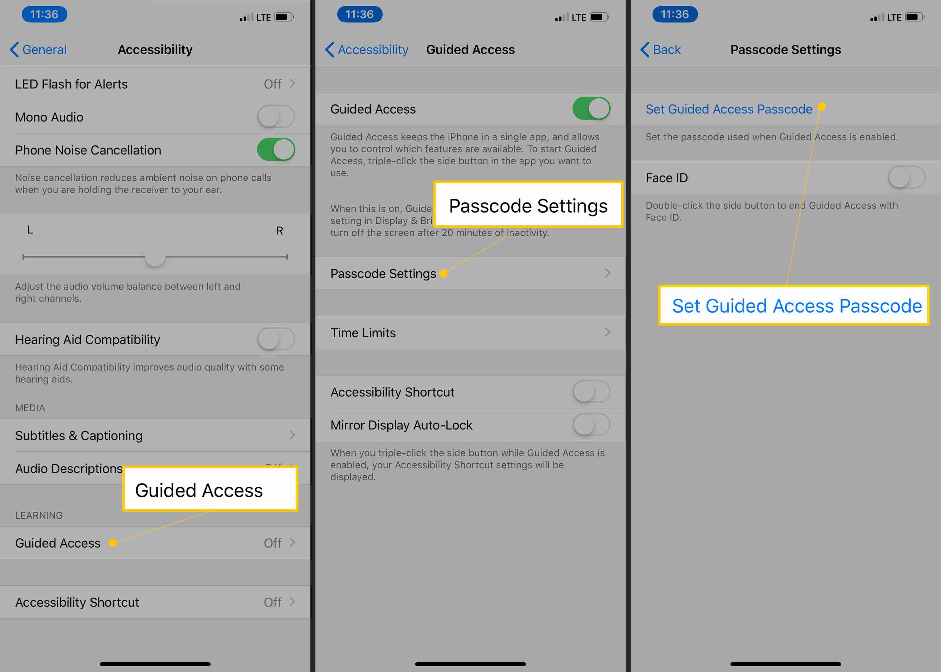 Tillgänglighet, Guidad åtkomst, Lösenkodsinställningar, Ställ in knappar för guidad åtkomstkod i iOS-inställningar