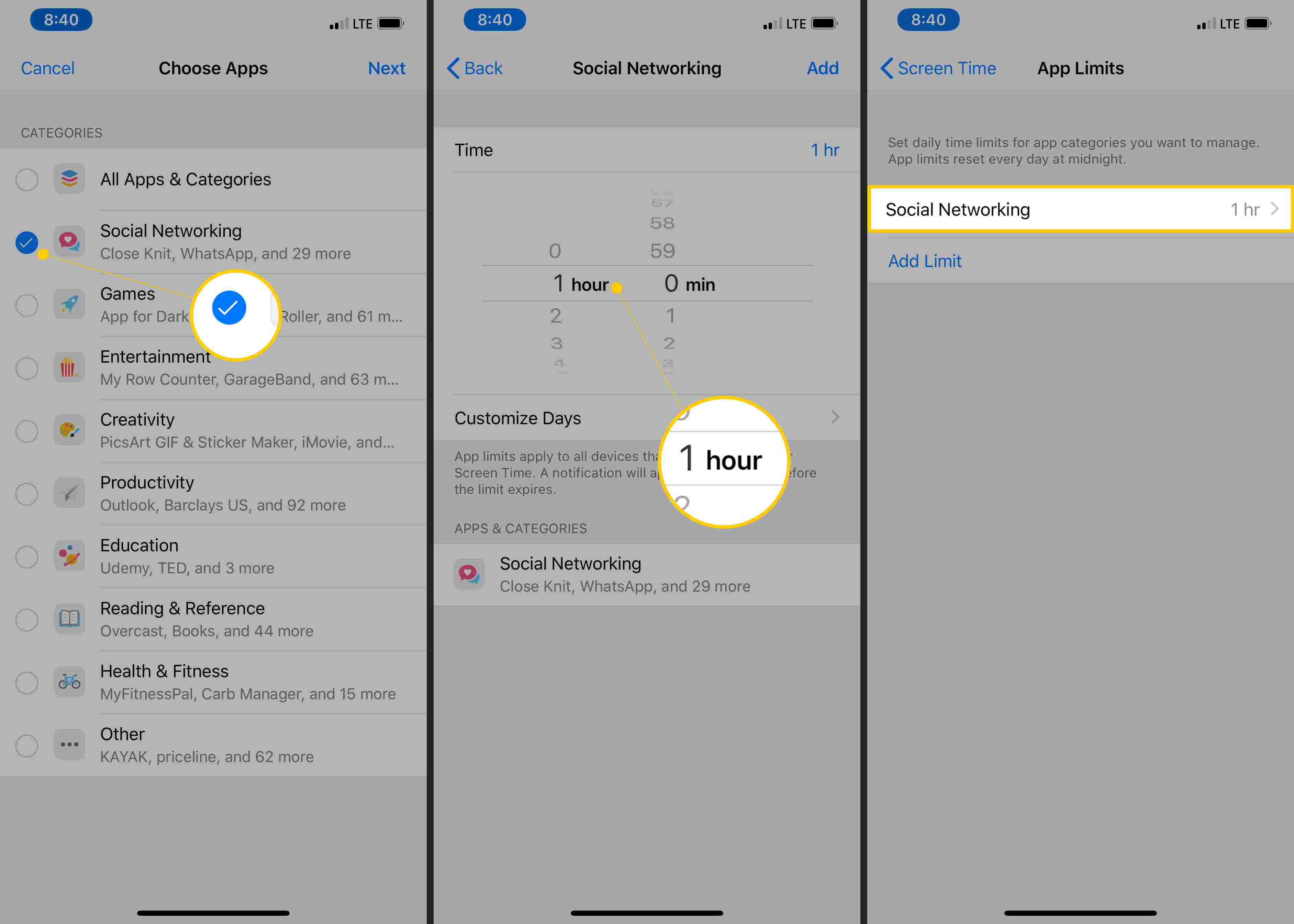 Kryssruta, tidsbegränsningar och listan över appgränser i iOS-inställningar