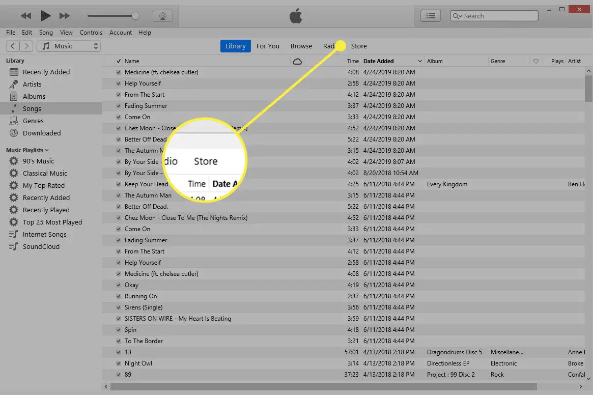 En skärmdump av iTunes med fliken Butik markerad
