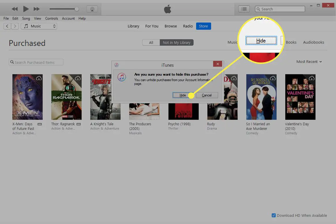 En skärmdump av iTunes med Dölj-knappen markerad