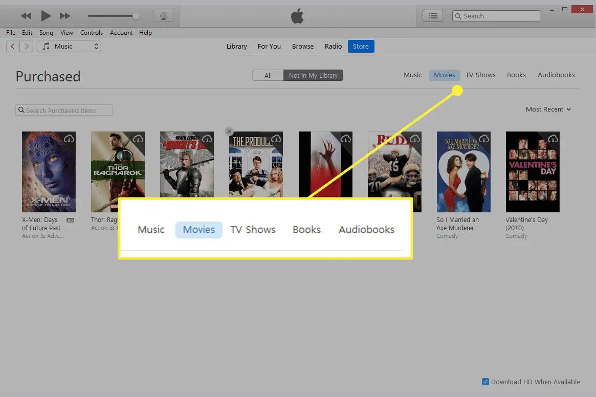 En skärmdump av iTunes med mediekategorierna markerade