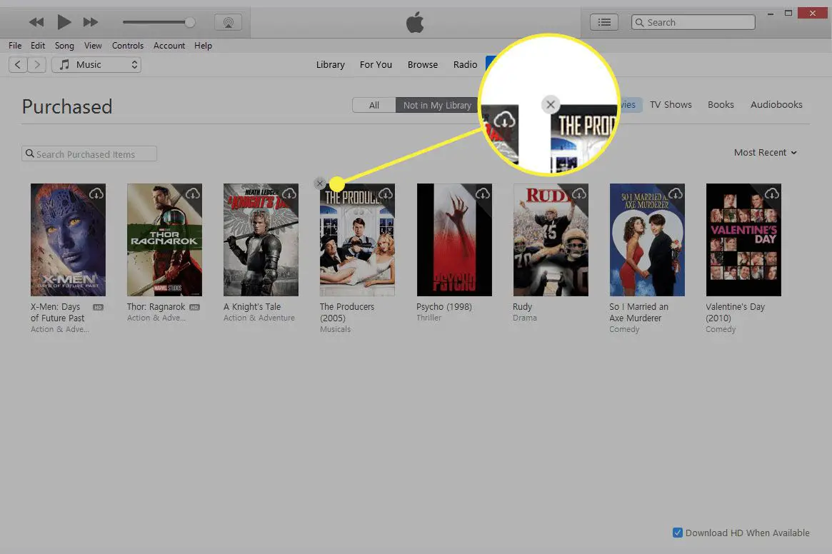 En skärmdump av den köpta skärmen på iTunes med Dölj-knappen markerad