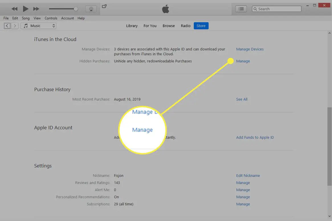 En skärmdump av iTunes med alternativet Hantera markerat