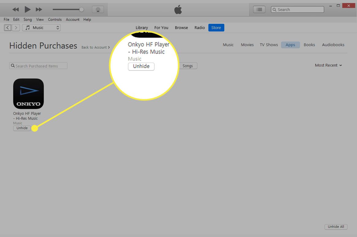 En skärmdump av iTunes skärm med dolda köp med Unhide-knappen markerad