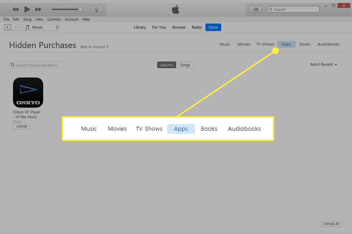 En skärmdump av iTunes: s dolda köpskärm med mediekategorierna markerade