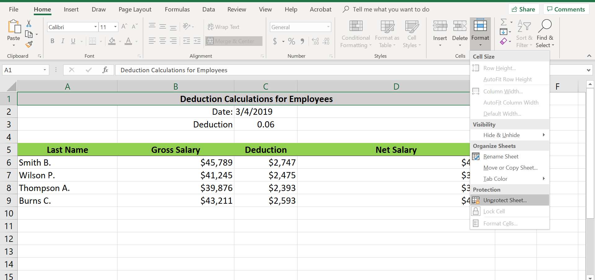Excel-rullgardinsmenyn Format med Unprotect Sheet valt.