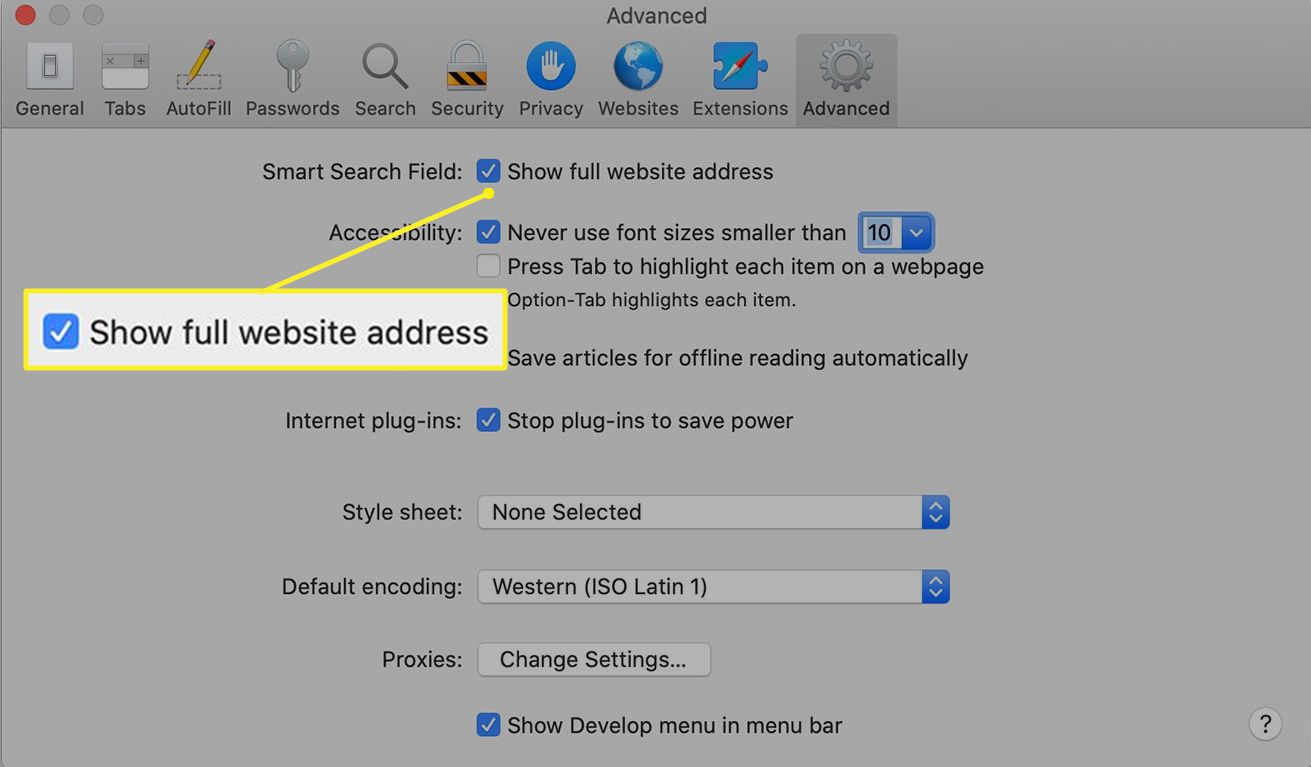 Safari Advanced-inställningsskärmen på en Mac