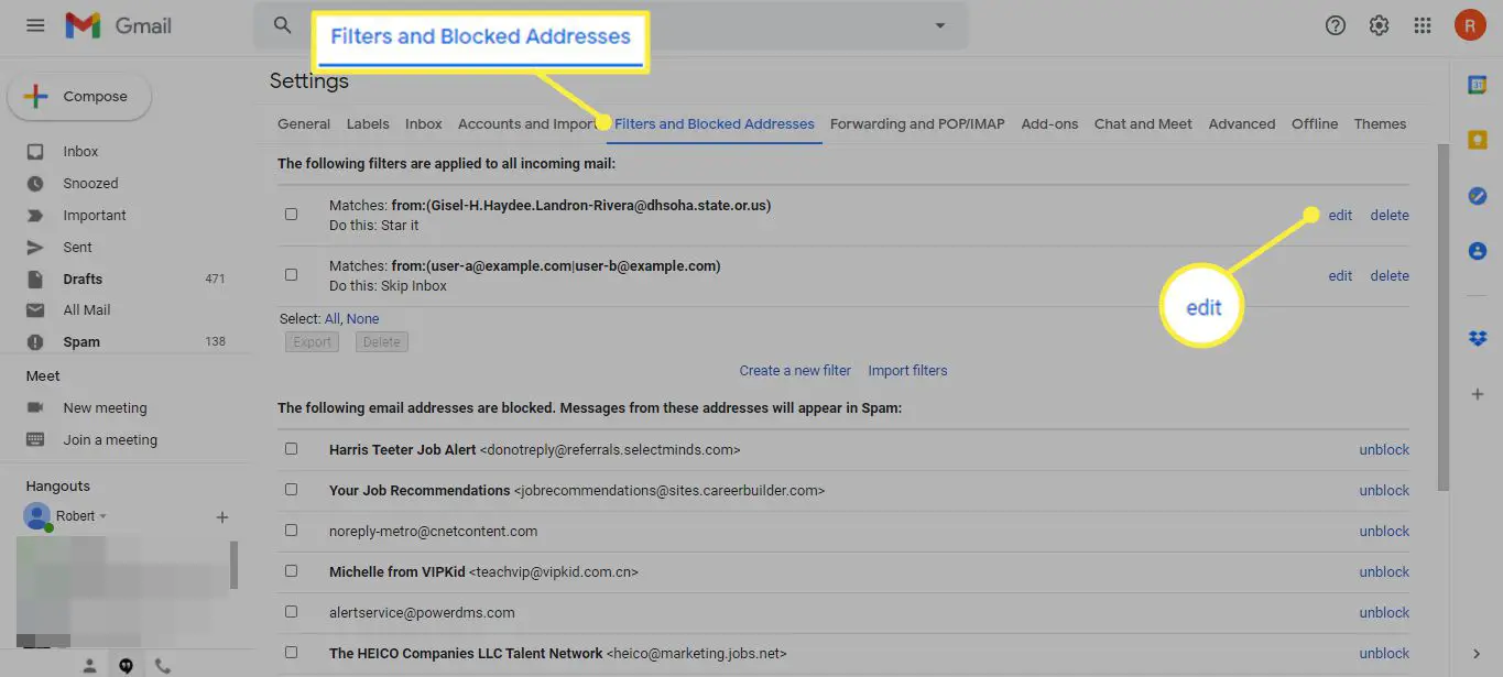 Fliken Filter och blockerade adresser och Redigera i Gmail-inställningar