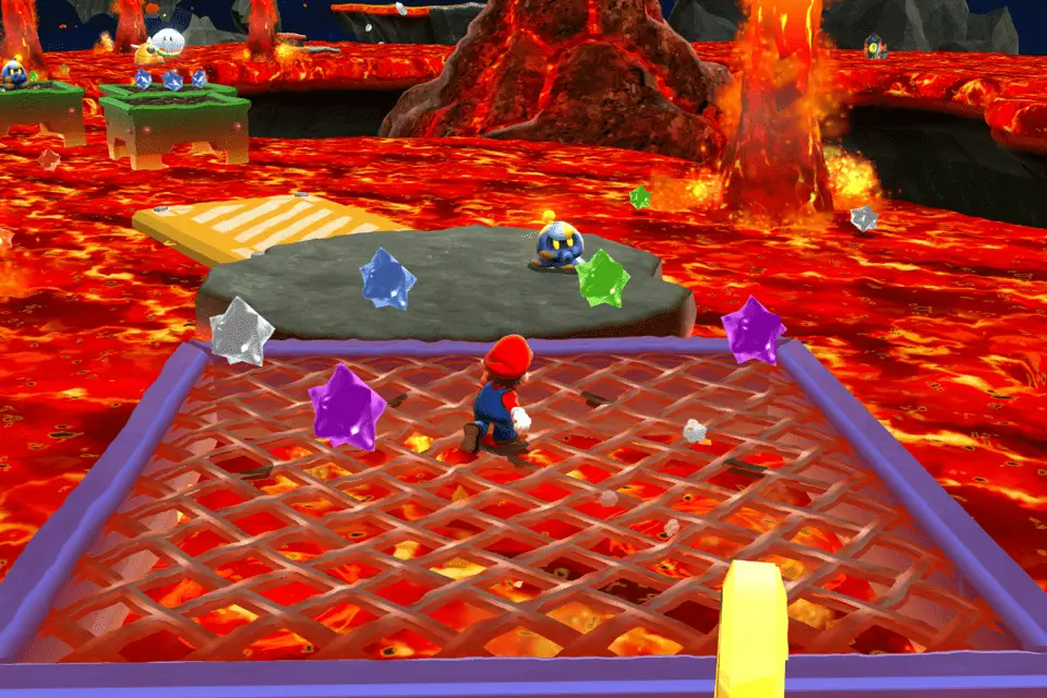 Skärmdump av Super Mario försöker korsa en lavagrop ..