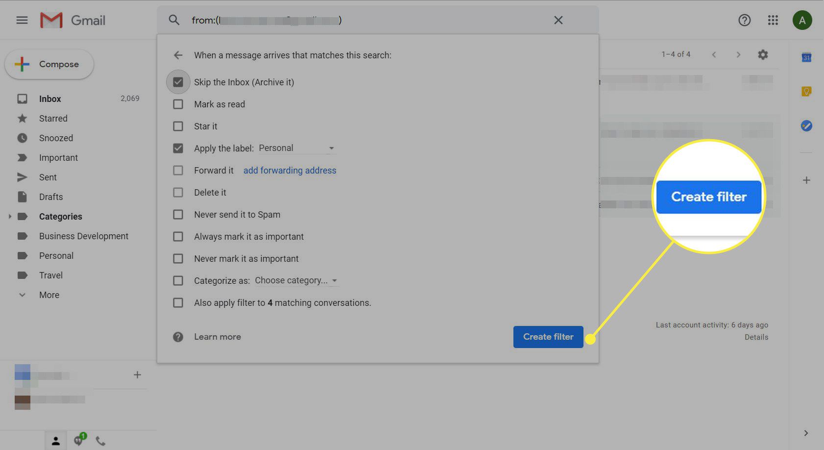 En skärmdump av Gmail med knappen Skapa filter markerad