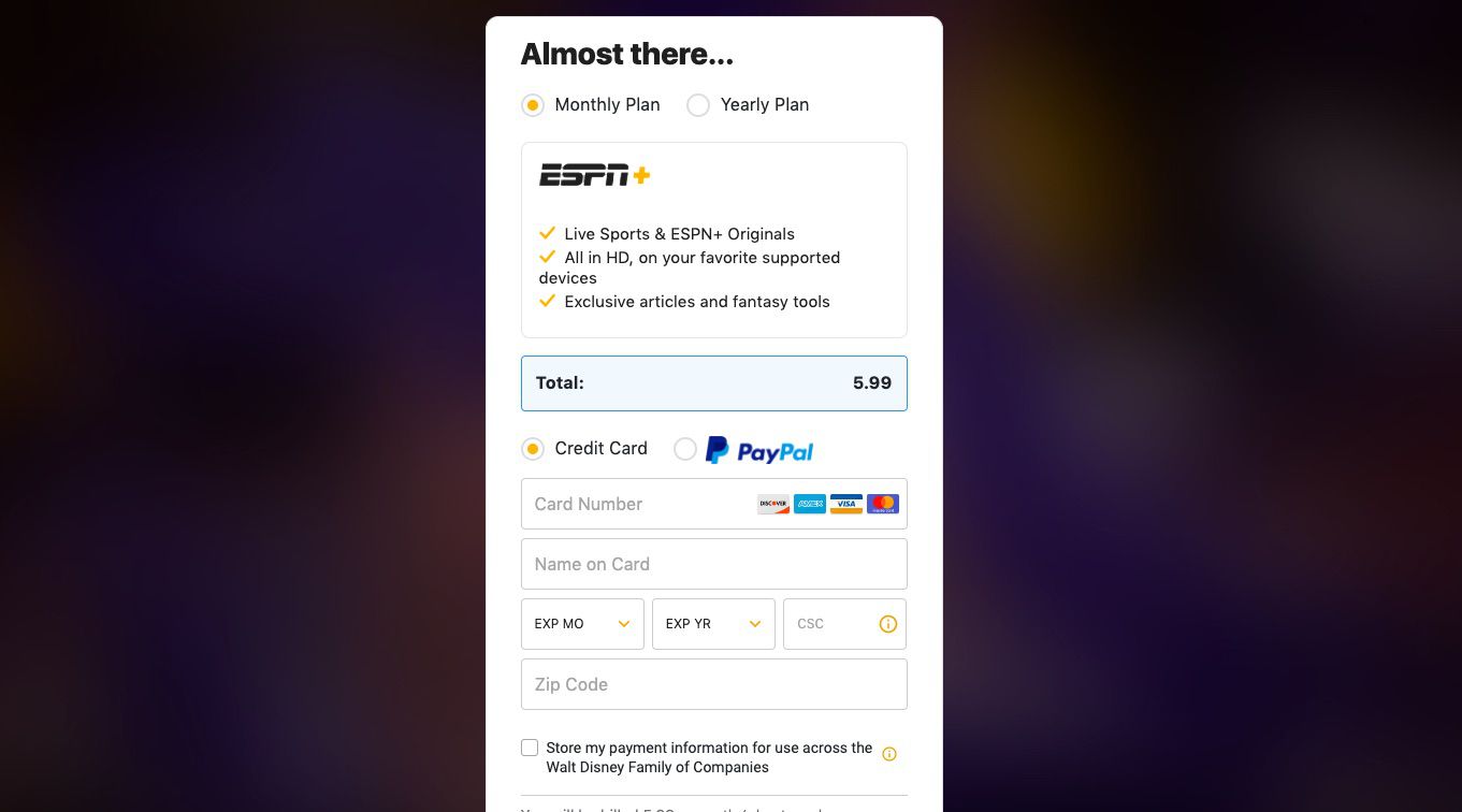 Ange din kreditkortsinformation för att köpa ESPN +