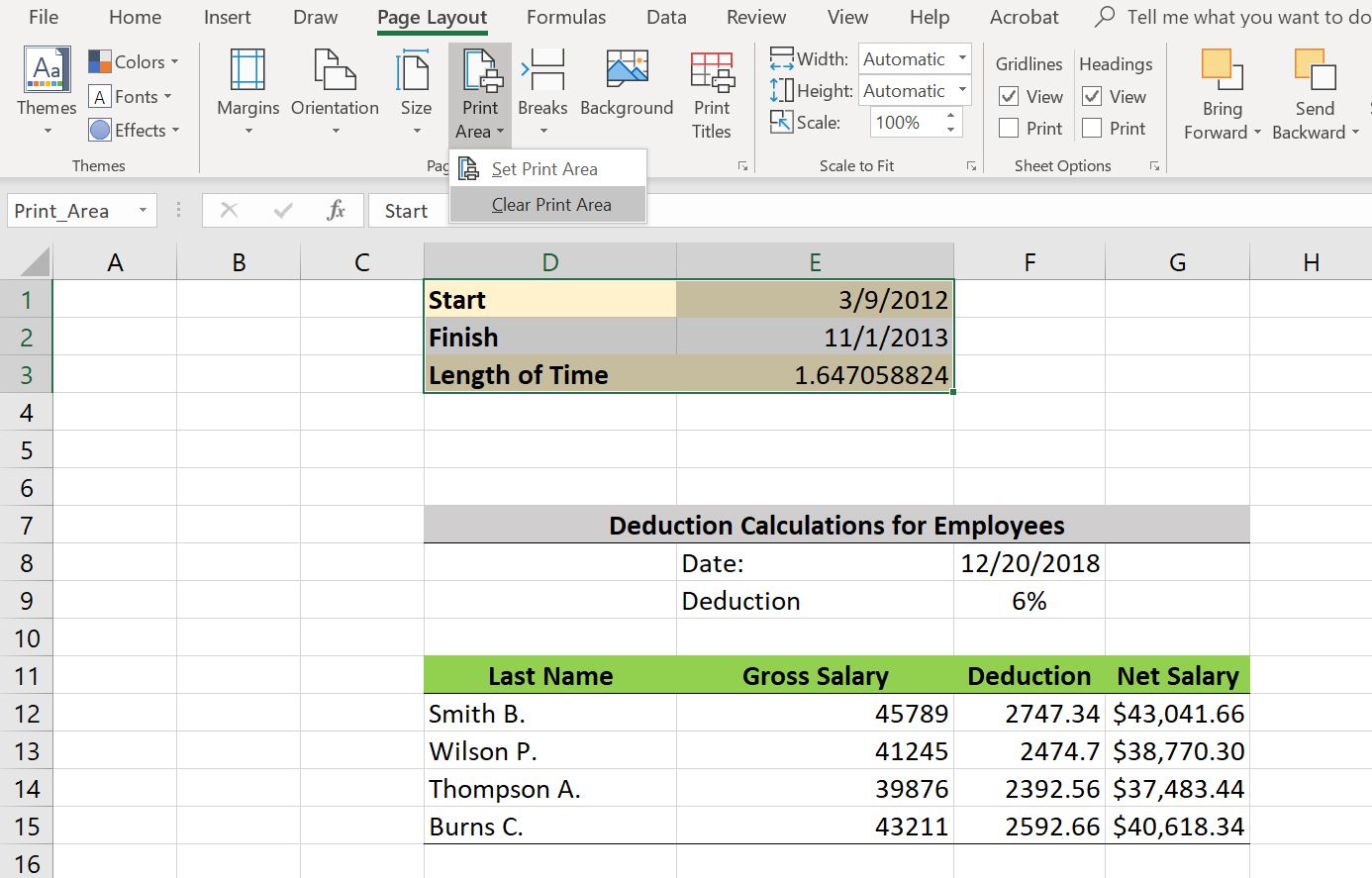 Rensa ett utskriftsområde i Excel.