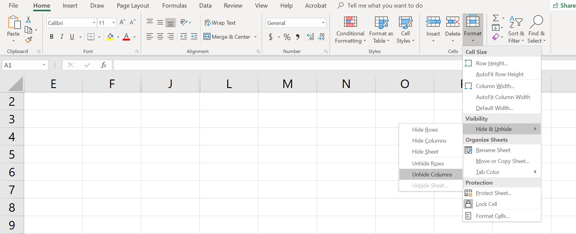 Excel-kalkylblad med Ta bort kolumner valda på Format-menyn