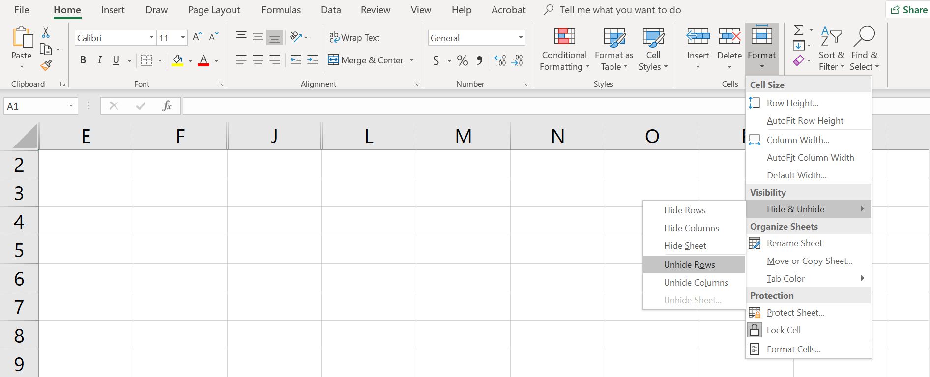 Excel-kalkylblad med Ta bort rader valda från Format-menyn
