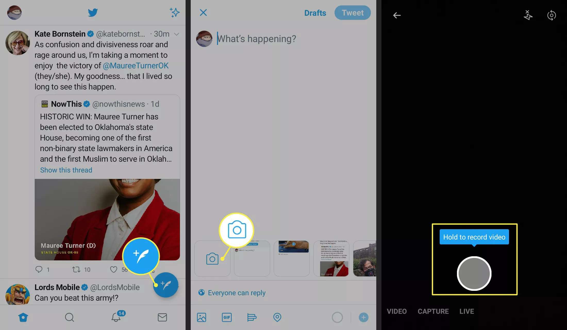 Skriv ikonen för Tweet, kamera och Captrure i Twitter-appen