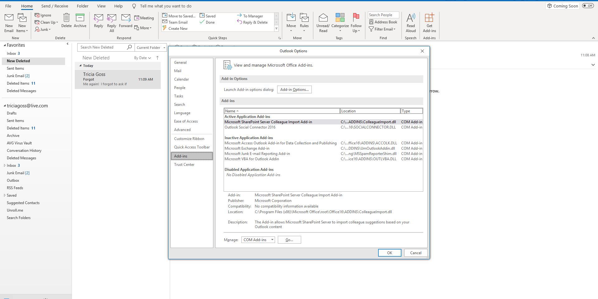 Skärmdump av fliken Tillägg för Outlook-alternativ