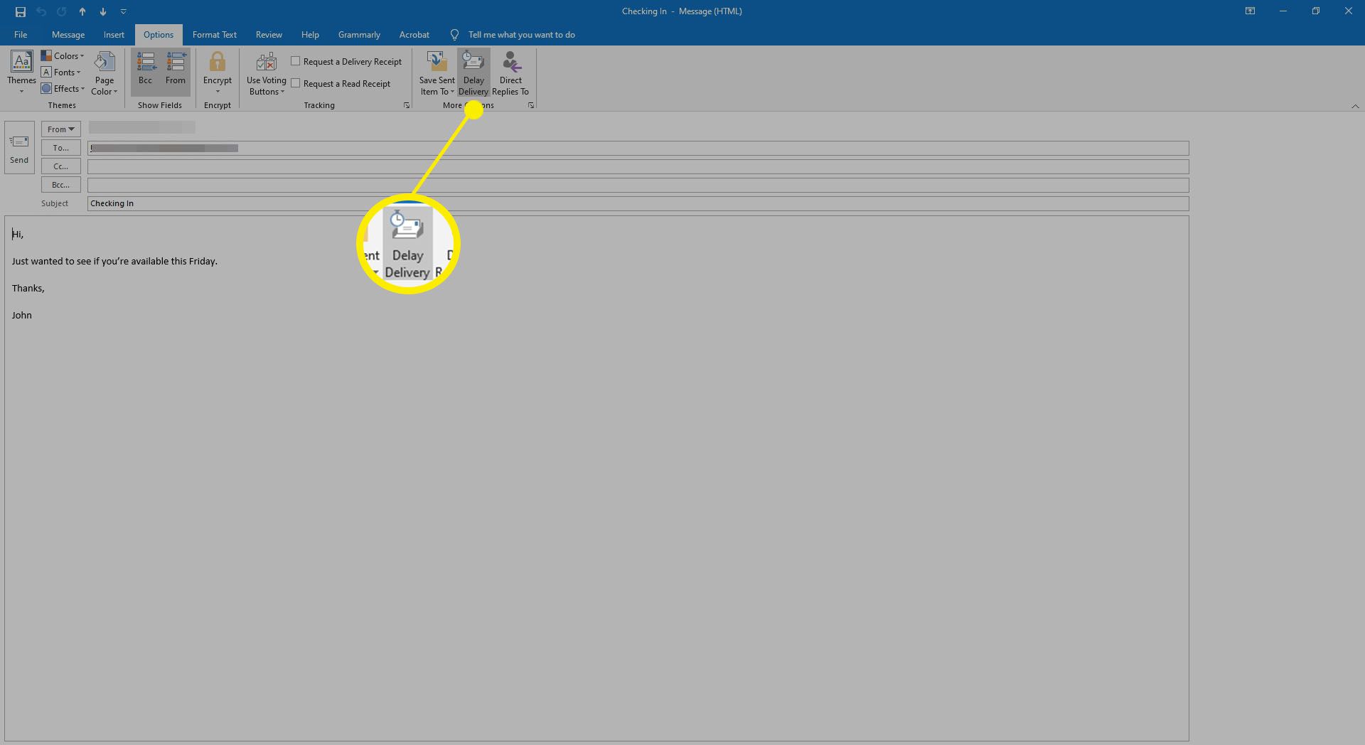 Ett öppet e-postmeddelande med knappen Försenad leverans markerad i Outlook.
