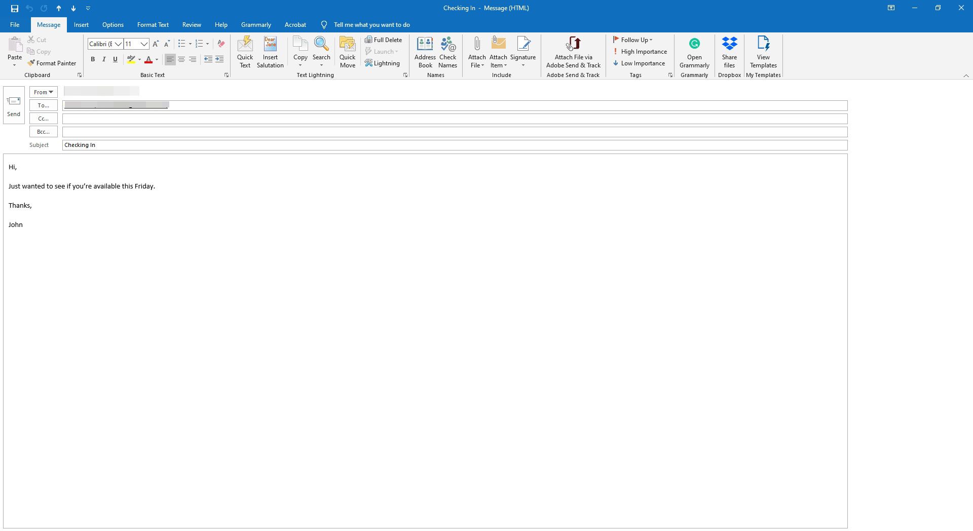 Ett nykomponerat e-postmeddelande i Outlook.