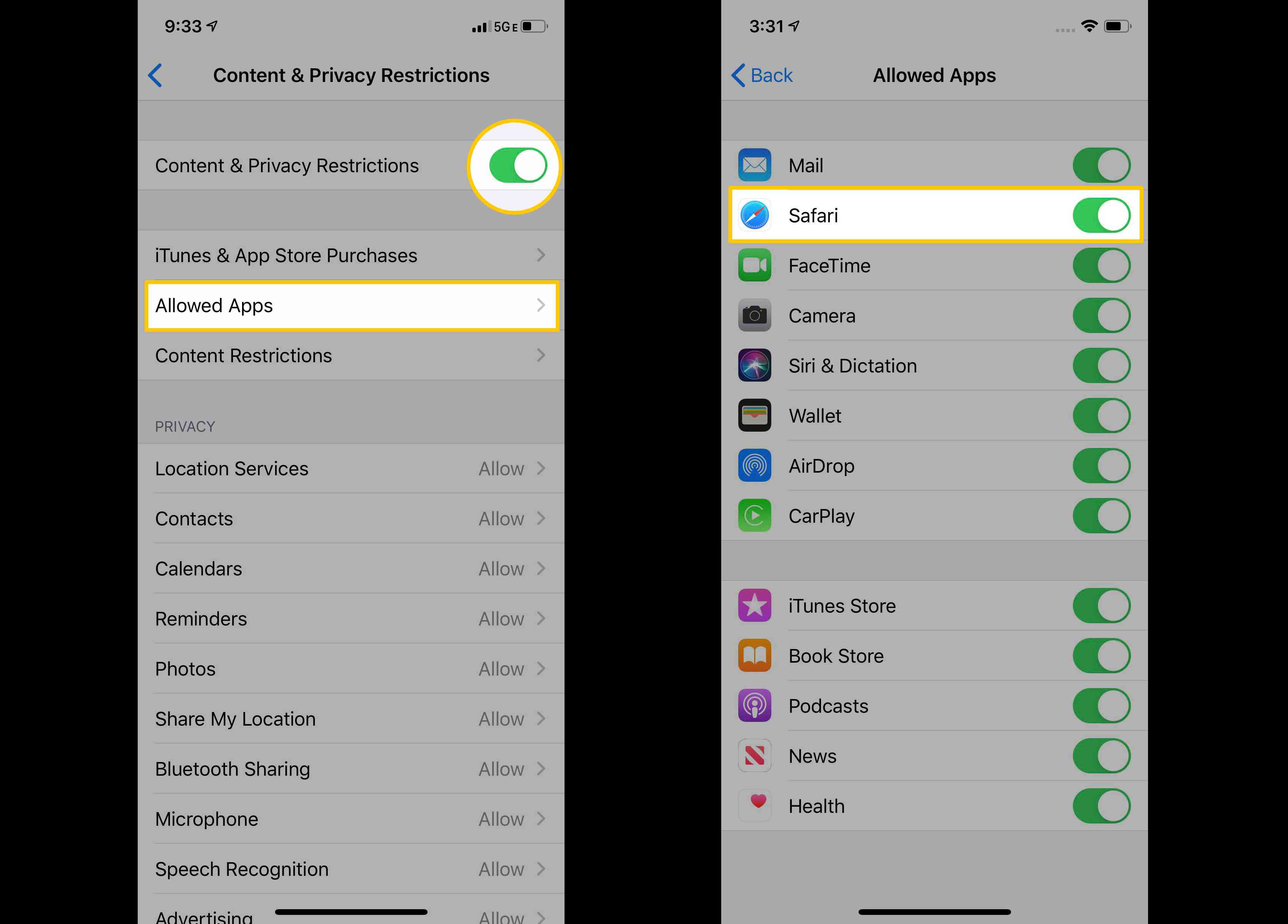 Skärmbilder som visar hur du inaktiverar Safari i iPhone-skärmtidskontroller.