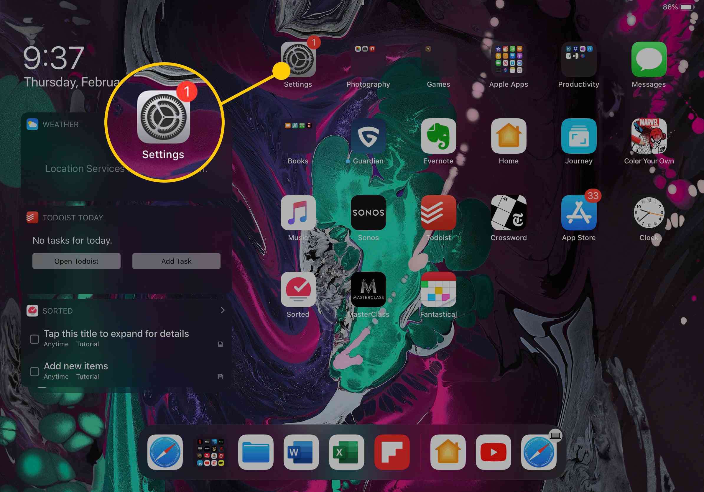 Skärmdump av iPad-startskärmen med appen Inställningar.
