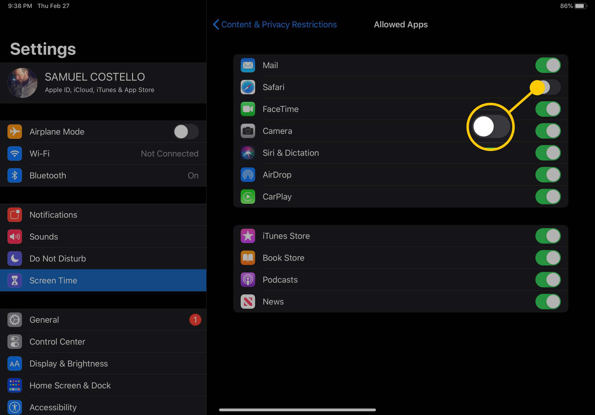 Skärmdump av inställningar för iPad-tillåtna appar