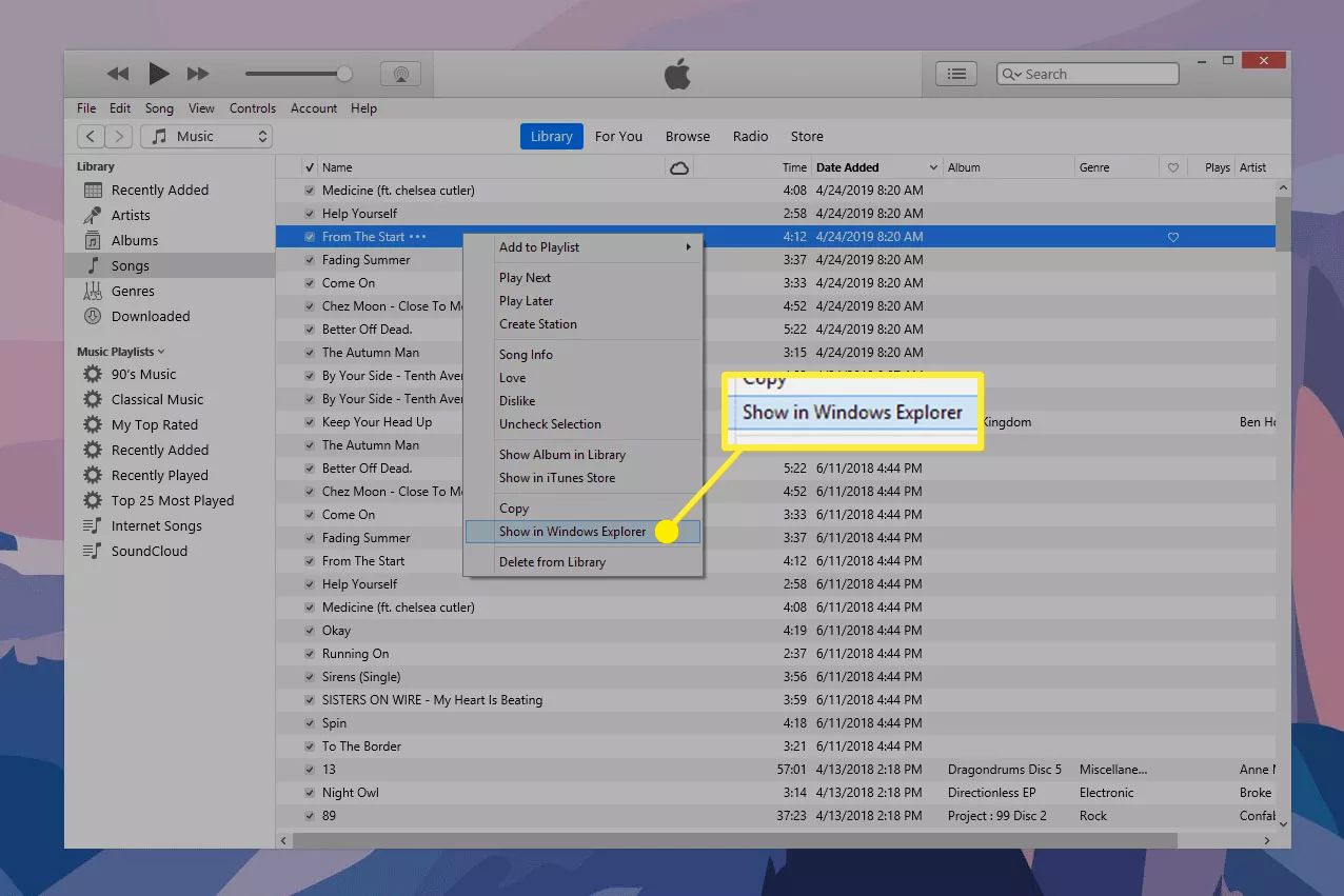 Visa i Windows Explorer-kommandot i iTunes
